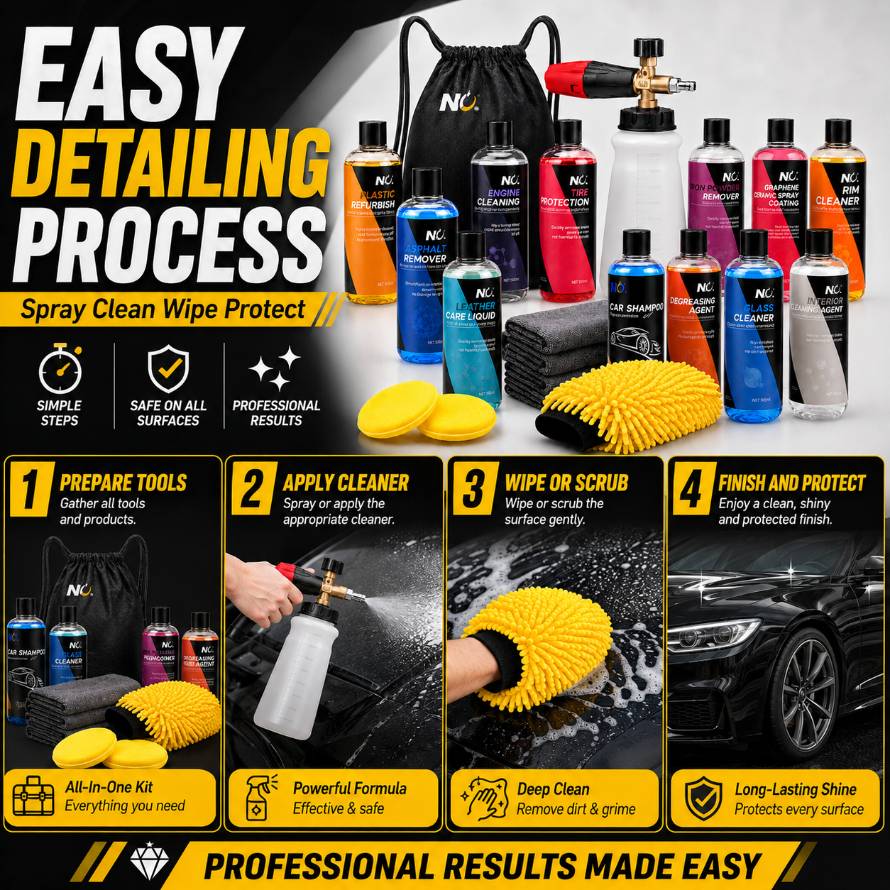 Car Wash and Cleaning Kit with Portable Accessories