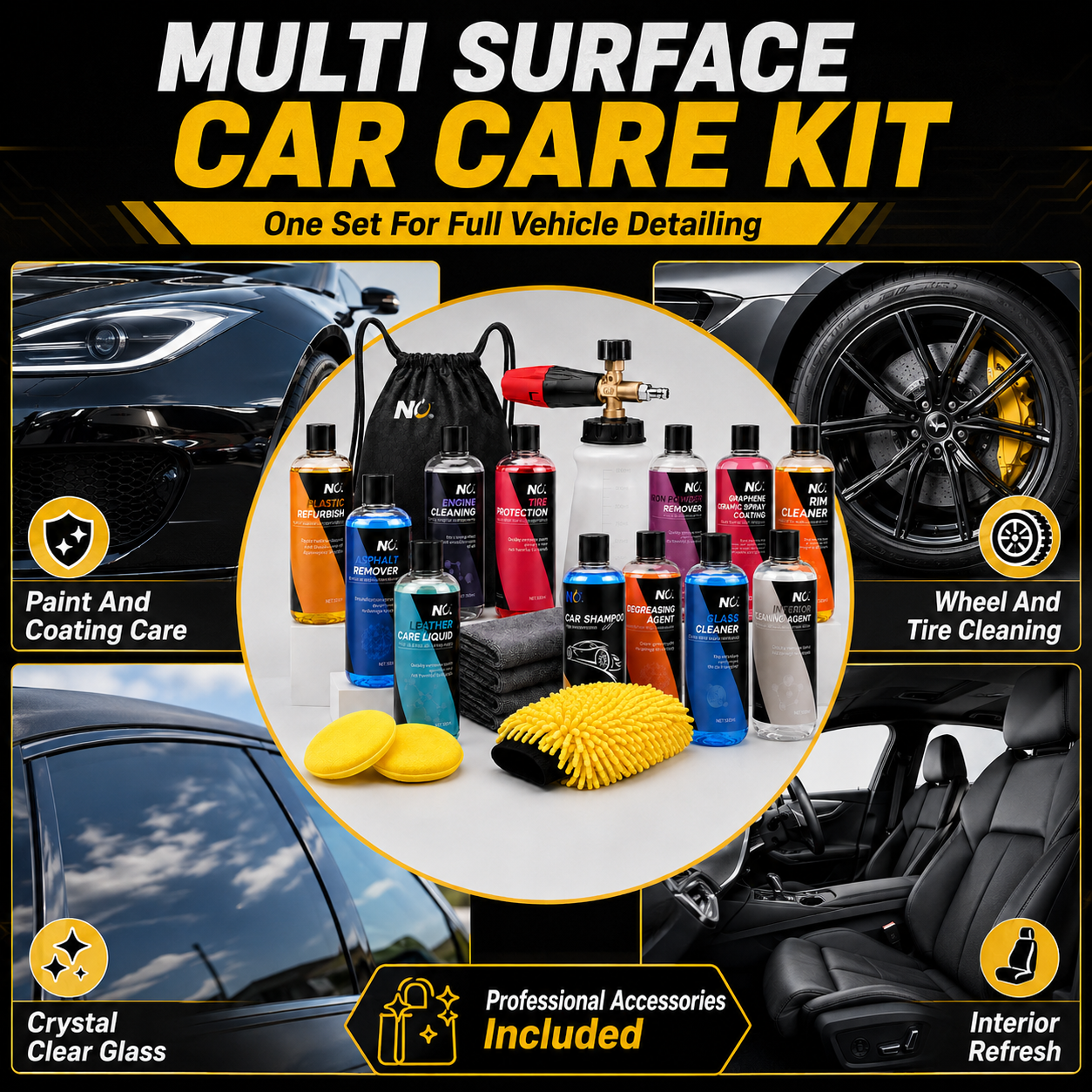 Car Wash and Cleaning Kit with Portable Accessories